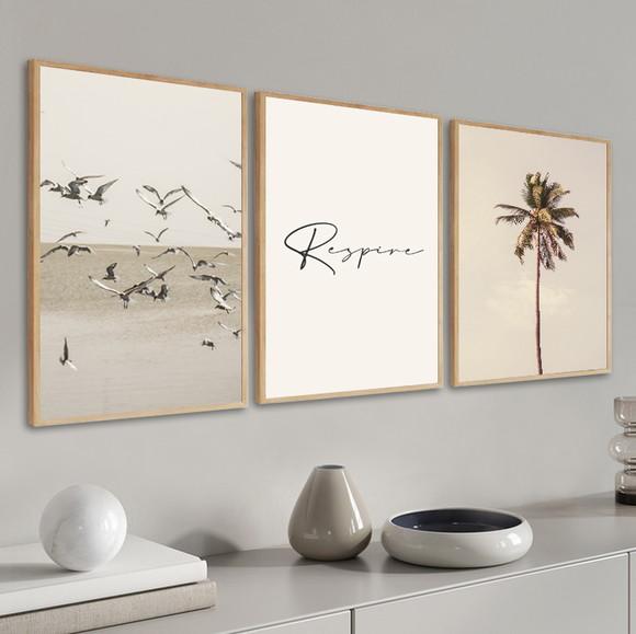 Kit 3 Quadros Decorativos Respire Mar Boho Paisagem Moldura
