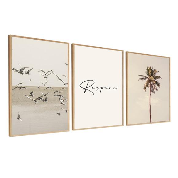 Kit 3 Quadros Decorativos Respire Mar Boho Paisagem Moldura