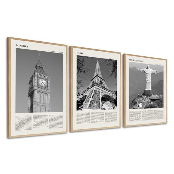 Kit 3 Quadros Decorativos Rio Londres E Paris Com Moldura