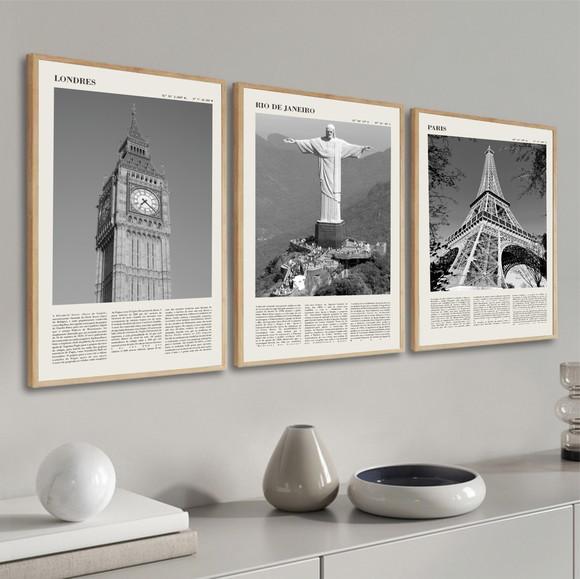 Kit 3 Quadros Decorativos Rio Londres E Paris Com Moldura