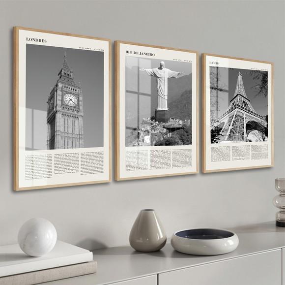 Kit 3 Quadros Decorativos Rio Londres e Paris Moldura Vidro