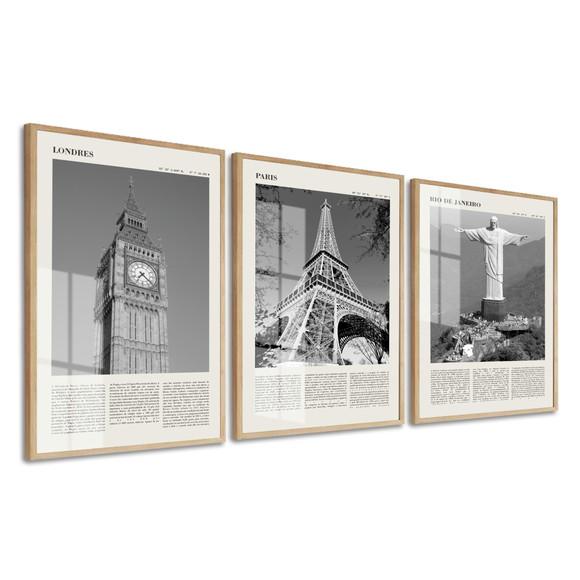 Kit 3 Quadros Decorativos Rio Londres E Paris Moldura Vidro