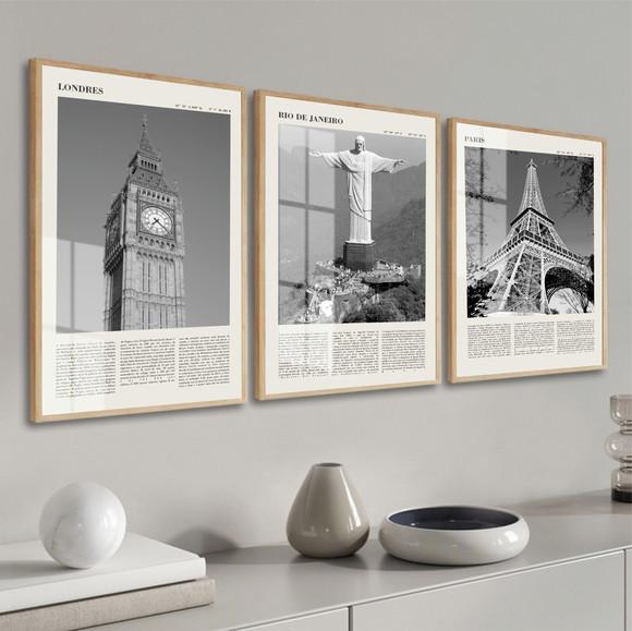 Kit 3 Quadros Decorativos Rio Londres E Paris Moldura Vidro