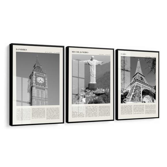 Kit 3 Quadros Decorativos Rio Londres Paris Moldura E Vidro