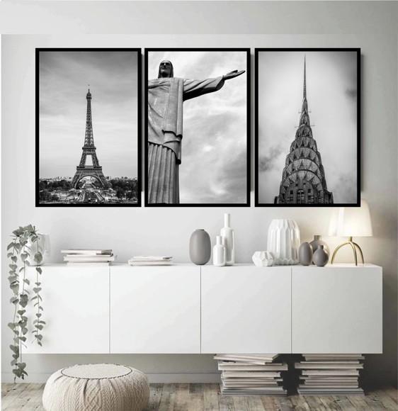 Kit 3 Quadros Decorativos Rio Paris Nova York Preto e Branco
