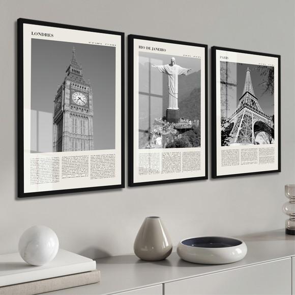 Kit 3 Quadros Decorativos Rio Londres Paris Moldura E Vidro