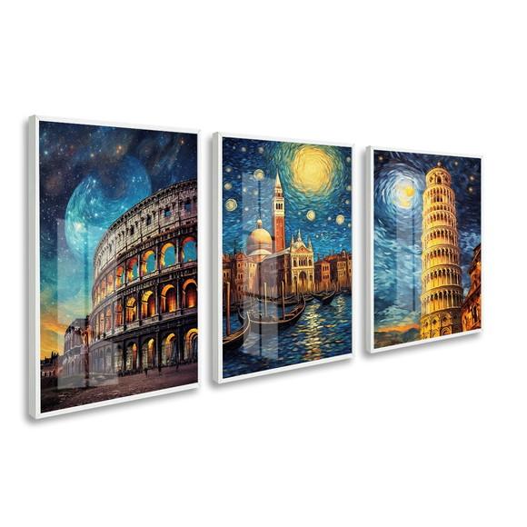 Kit 3 Quadros Decorativos Roma Coliseu Itália Moldura Vidro
