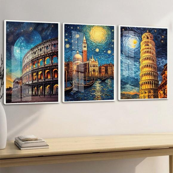 Kit 3 Quadros Decorativos Roma Coliseu Itália Moldura Vidro