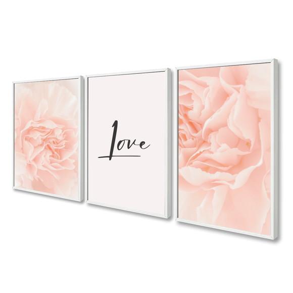 Kit 3 Quadros Decorativos Rosas Love Quarto Casal Moldura