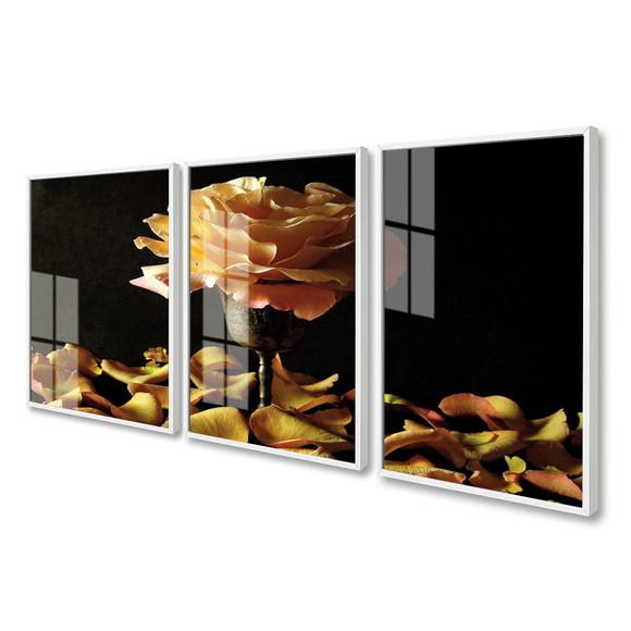 Kit 3 Quadros Decorativos Rosa Amarela com Moldura e Vidro