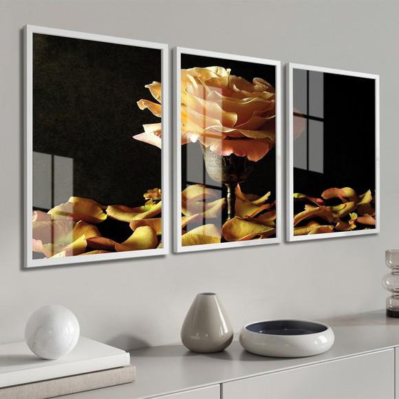 Kit 3 Quadros Decorativos Rosa Amarela com Moldura e Vidro