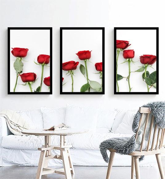 Kit 3 Quadros Decorativos Rosas Vermelhas Flores Com Moldura
