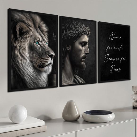 Kit 3 Quadros Decorativos Rosto Jesus Leão Frases Moldura