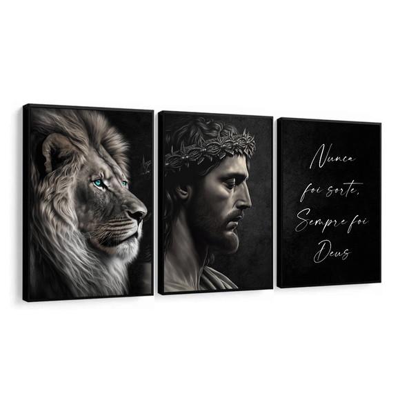 Kit 3 Quadros Decorativos Rosto Jesus Leão Frases Moldura