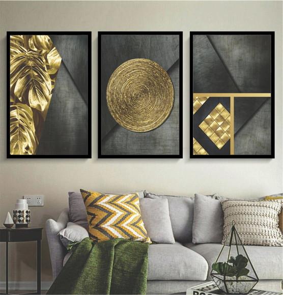 Kit 3 Quadros Decorativos Sala Modernos Geométrico Moldura