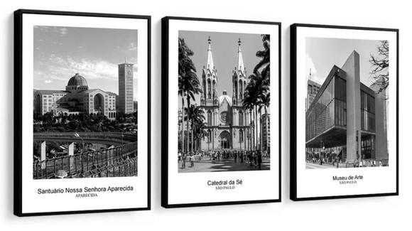 Kit 3 Quadros Decorativos São Paulo Cidade Moderno Moldura