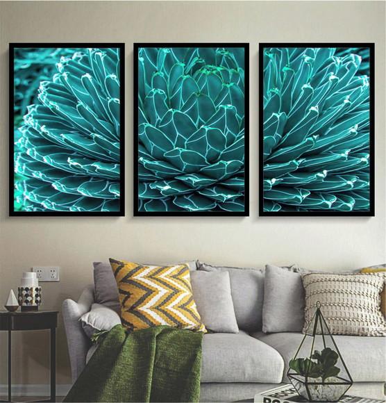 Kit 3 Quadros Decorativos Suculenta Azul Para Sala Moldura