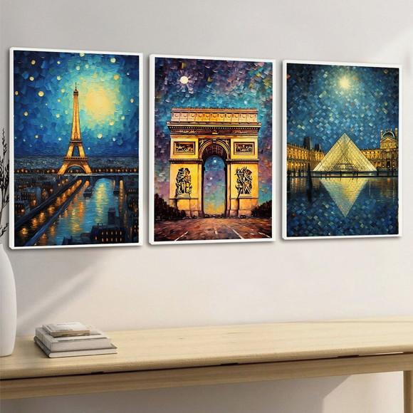 Kit 3 Quadros Decorativos Torre Eiffel Arco do Triunfo Paris