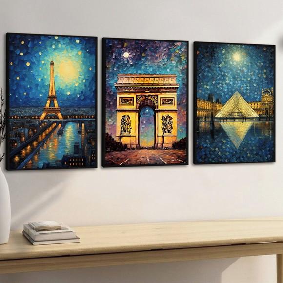 Kit 3 Quadros Decorativos Torre Eiffel Museu do Louvre Paris