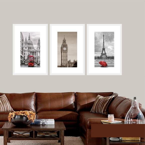 Kit 3 Quadros Decorativos Torre Eiffel Big Ben Londres Paris