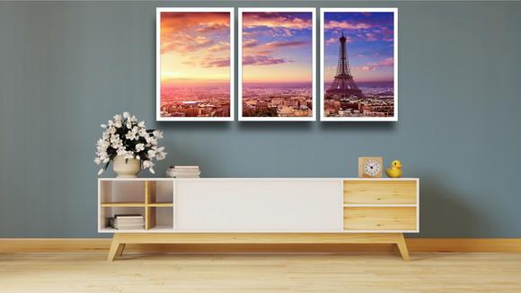 Kit 3 Quadros Decorativos Torre Eiffel Pôr Do Sol Molduras