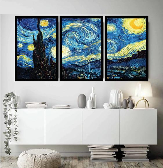 Kit 3 Quadros Decorativos Van Gogh Noite Estrelada Moldura