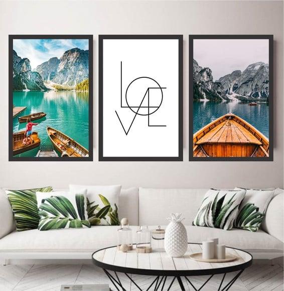Kit 3 Quadros Decorativos, Montanha Natural, Love Amor Casal
