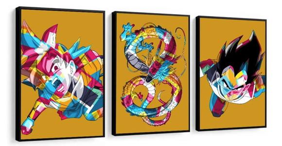 Kit 3 Quadros Dragon Ball Z Anime Desenho Decoração Molduras