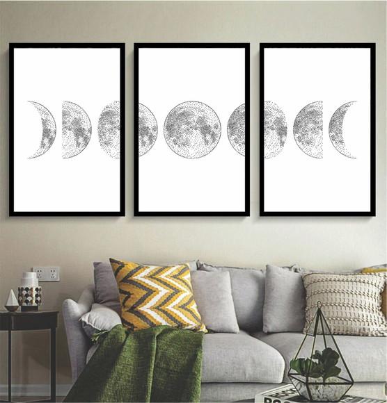 Kit 3 Quadros Fases Da Lua Decoração Conjunto Com Moldura