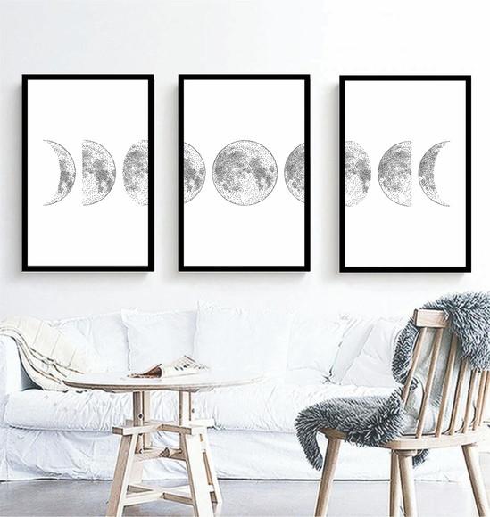 Kit 3 Quadros Fases Da Lua Decoração Conjunto Com Moldura