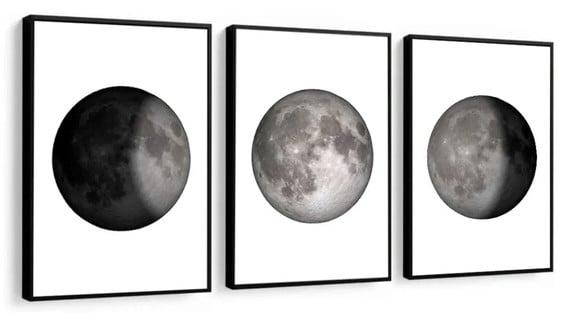 Kit 3 Quadros Fases Da Lua Decoração Conjunto Com Molduras