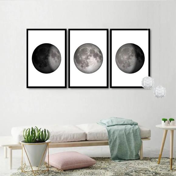 Kit 3 Quadros Fases Da Lua Decoração Conjunto Com Molduras