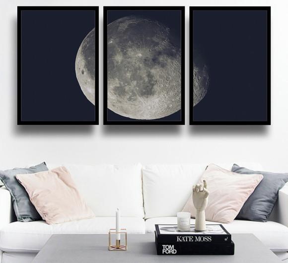 Kit 3 Quadros Fases Da Lua Decoração Lua Cheia Com Moldura