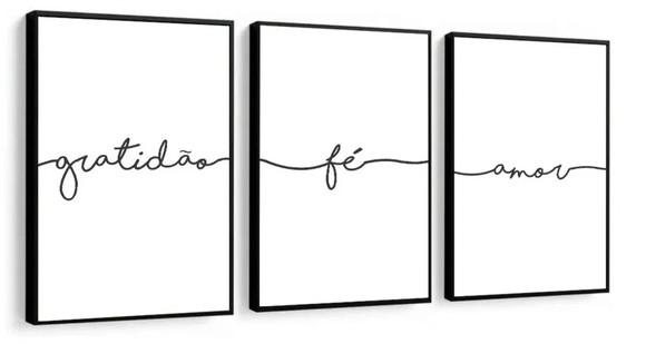 Kit 3 Quadros Fé Amor Gratidão Frase Decoração Moldura Vidro