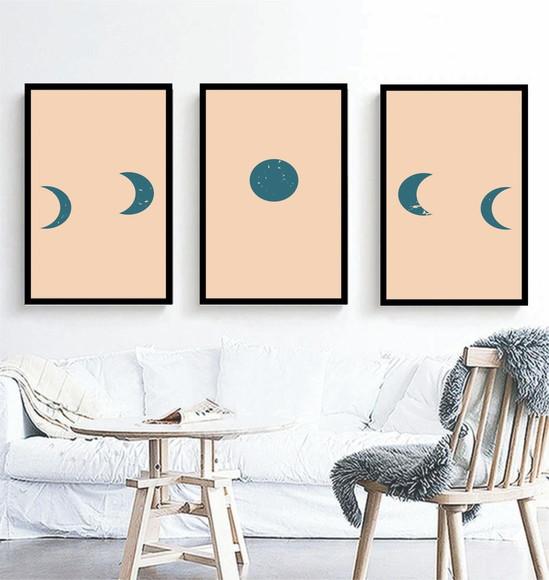 Kit 3 Quadros Fases Da Lua Rosê Decoração Conjunto Moldura