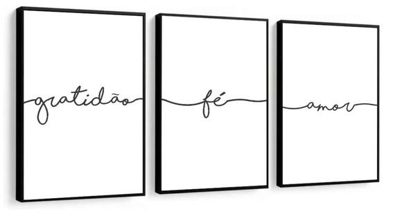Kit 3 Quadros Fé Amor Gratidão Frases Decoração Casa Moldura