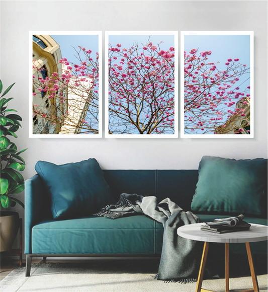 Kit 3 Quadros Flor Cerejeira Arvore Decoração Com Moldura