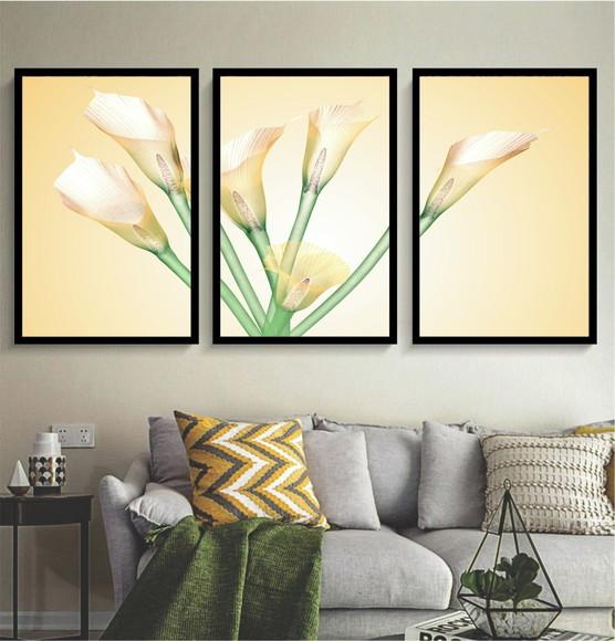 Kit 3 Quadros Flor Copo De Leite Decoração Botânico Moldura