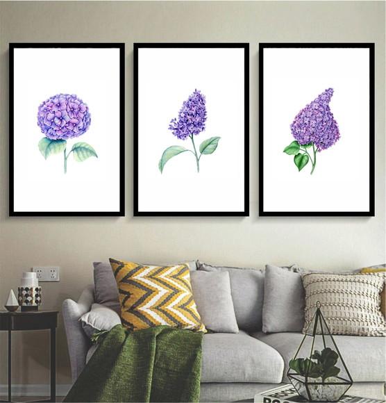 Kit 3 Quadros Flor Roxa Decoração Folhagem Botânico Molduras