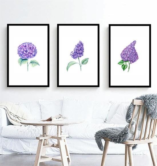Kit 3 Quadros Flor Roxa Decoração Folhagem Botânico Molduras