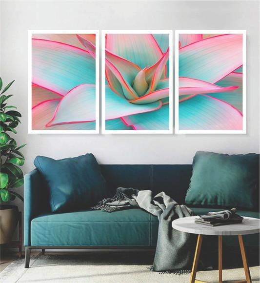 Kit 3 Quadros Flor Suculenta Decoração Folhagem Com Moldura