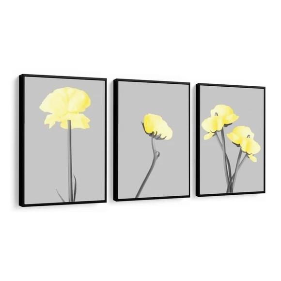Kit 3 Quadros Flores Amarelas Decoração Botânico Com Moldura