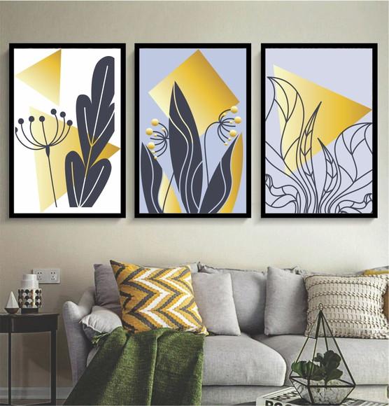 Kit 3 Quadros Flores Azul Gold Dourado Decoração Com Moldura