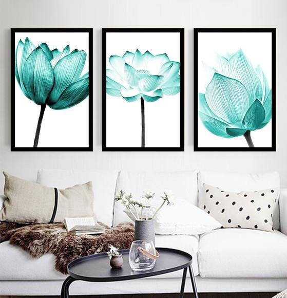 Kit 3 Quadros Flores Azul Decoração Rosas Botânico Molduras