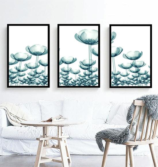 Kit 3 Quadros Flores Azul Papoula Decoração Botânico Moldura
