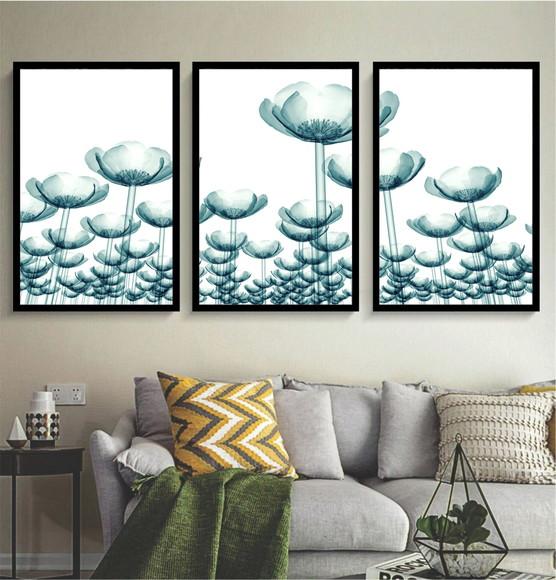 Kit 3 Quadros Flores Azul Papoula Decoração Botânico Moldura