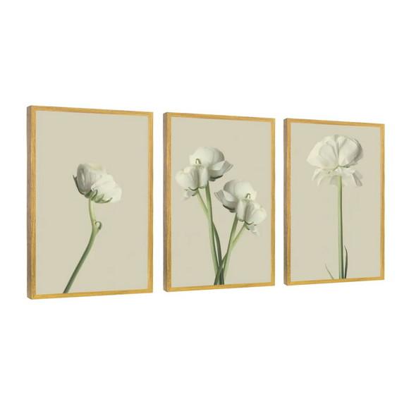 Kit 3 Quadros Flores Brancas Decoração Botânico Com Moldura