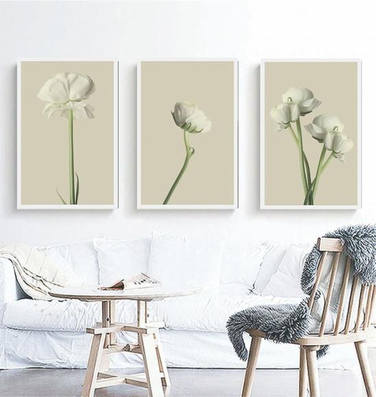 Kit 3 Quadros Flores Brancas Decoração Conjunto Com Moldura
