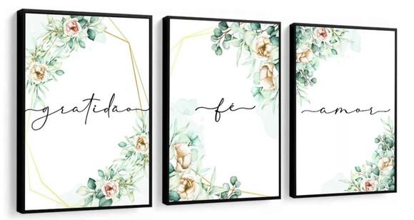 Kit 3 Quadros Flores Brancas Frases Decoração Casa Molduras