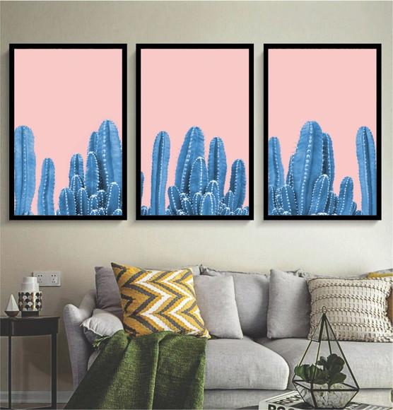 Kit 3 Quadros Flores Cactos Azul Decoração Botânico Moldura